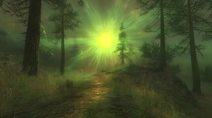 Obraz premium Enchanted Forest Path Green Light Mystical Fantasy Landscape