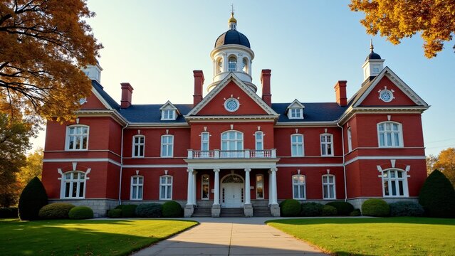 Historical Red Brick Building Autumn Landscape