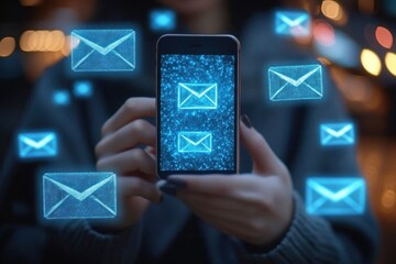 Person holding smartphone displaying multiple glowing blue email icons floating around in a dark blurred background, symbolizing digital communication and connectivity