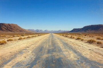 Long dusty dirt road stretching through arid desert landscape with sparse shrubs and distant rocky mountains under clear blue sky