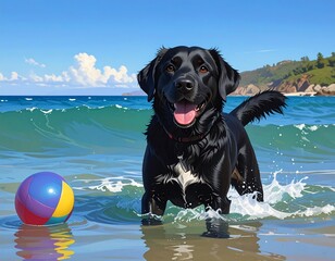 Playful Black Labrador Retrieving a Ball at the Beach