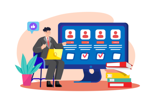 Man in Suit Reviewing Candidates on a Computer with Transparent Background