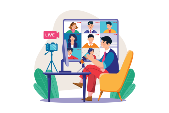 Man in Virtual Meeting with Group on Desktop Computer with Transparent Background