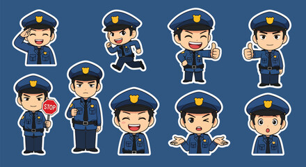 Adobe illustrator artwork vector illustration set of fifteen cute male police officer characters