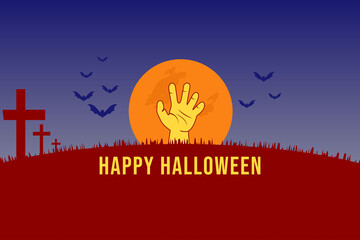 happy halloween zombie hand with graveyard scene