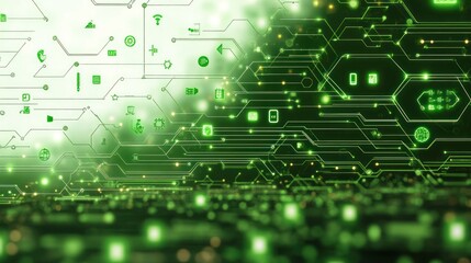 Abstract digital circuit board illustration glowing in green with interconnected lines, nodes, and technology icons representing data flow and connectivity
