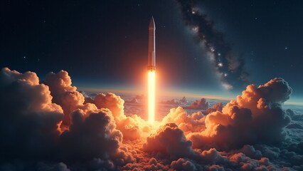 Obraz premium Rocket Launching Through Clouds Into Space