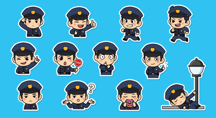 Adobe illustrator artwork vector illustration set of fifteen cute male police officer characters