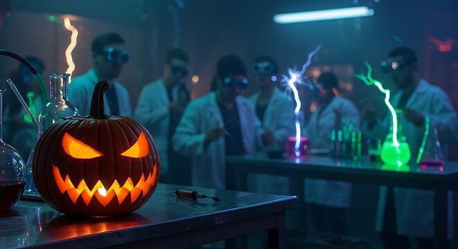Mad scientists in lab with glowing Halloween pumpkin