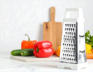 Kitchen grater surrounded by fresh vegetables
