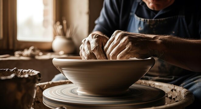 Crafting beauty A close-up of skilled hands shaping clay on a pottery wheel
