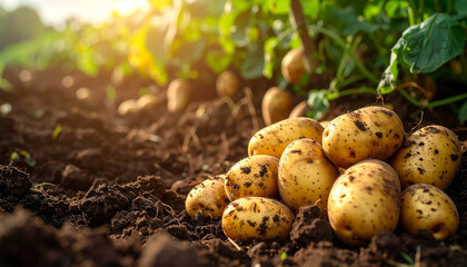Golden Harvest: A close-up perspective of freshly harvested potatoes, bathed in sunlight, resting on rich, dark soil within a lush field, offering a rustic aesthetic of culinary potential.