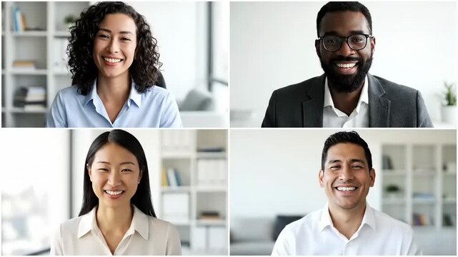 Diverse group of four professionals smiling and looking at the camera during a video conference call