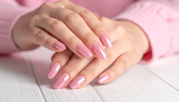Woman's hands with a flawless sparkling pink manicure, showcasing long, elegant almond-shaped nails on a white wooden table