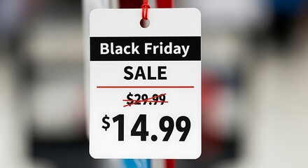 Black Friday Sale Tag: A close-up shot captures a Black Friday sale tag prominently displaying the markdown price, emphasizing significant savings and deals for consumers.