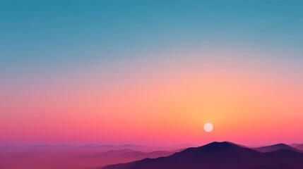 Fototapeta premium Vaporwave Aesthetic with Pastel Tones, A vibrant sunset over rolling mountains, blending soft hues of pink and blue.