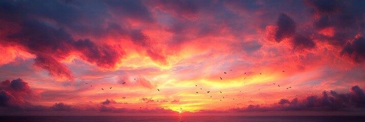 Naklejka premium Vibrant sunset over the ocean with dramatic red and orange clouds and birds flying across the colorful sky