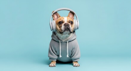 Stylish Pup's Sonic Serenade: A fashionable bulldog rocks a hoodie and headphones. The modern scene. A charming, high-definition studio shot showcases a bulldog, headphones, hoodie.