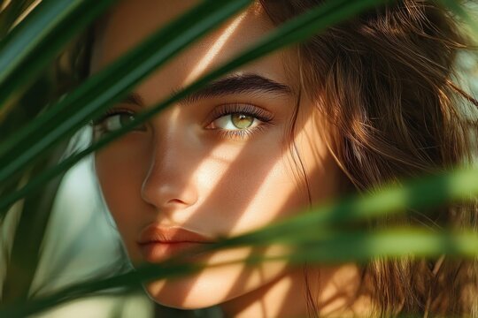 Close-up portrait of a young woman with green eyes partially hidden behind green palm leaves with sunlight casting shadows on her face