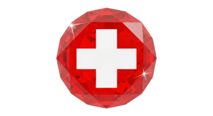 Gemstone in red with white cross representing Switzerland on white background