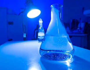 Laboratory flask with bubbling liquid under blue light