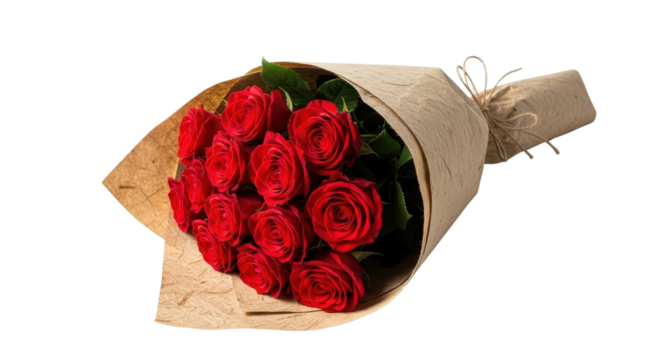 Bouquet of a dozen red roses wrapped in brown paper on white background