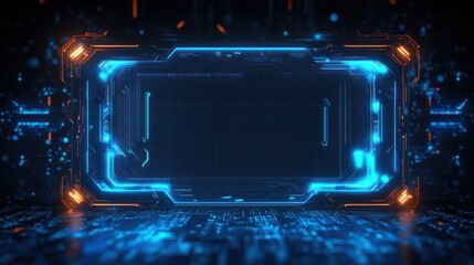 Obraz premium Futuristic glowing digital interface frame with blue and orange neon circuit patterns on a dark technological background