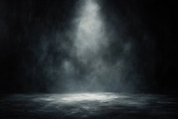 Dimly lit empty space with a single spotlight shining down through fog or smoke creating a mysterious and eerie atmosphere