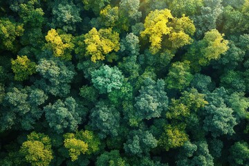 Aerial view of a dense forest with green and yellow foliage creating a lush natural canopy under bright sunlight