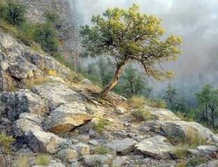 A solitary tree growing on rocky terrain with sparse vegetation under a misty sky, evoking a sense of resilience and solitude in a rugged natural landscape