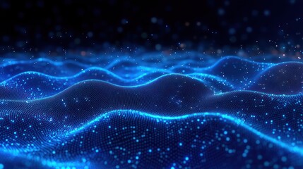 Abstract visualization of glowing blue digital waves composed of numerous small light particles creating a futuristic flowing pattern on a dark background