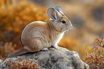 small furry rodent with large ears sitting on a rock surrounded by autumn foliage in a natural outdoor setting