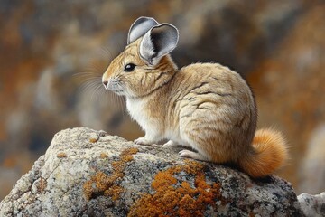 Small furry rodent with large ears perched on a lichen-covered rock in a natural outdoor setting