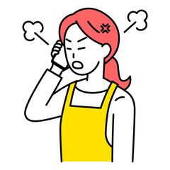 スマートフォンでの通話で怒るエプロン姿の女性