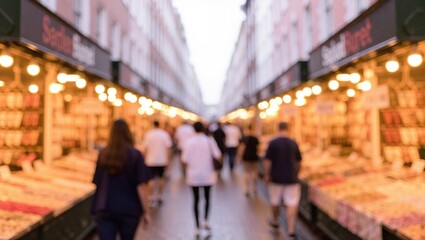 Fototapeta premium Blurred street market scene with people walking and stalls illum