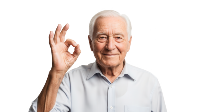 Elderly man showing ok sign isolated on transparent background