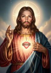 Devoci&oacute;n al Sagrado Coraz&oacute;n de Jesucristo con luz divina y coraz&oacute;n resplandeciente. Divina Misericordia.
