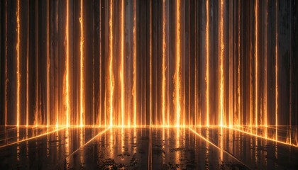 Abstract glowing orange vertical lines on a dark floor