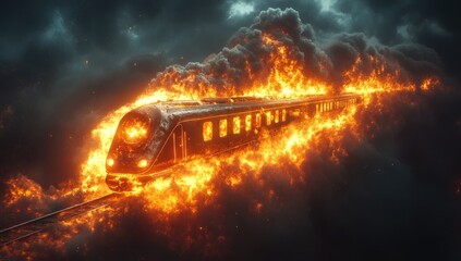 Burning train in fiery clouds