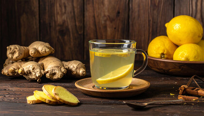 Zesty Delight: A steaming glass of vibrant lemon ginger tea sits beside fresh ginger and lemons, capturing the warmth and zesty flavors in a cozy, inviting setting.