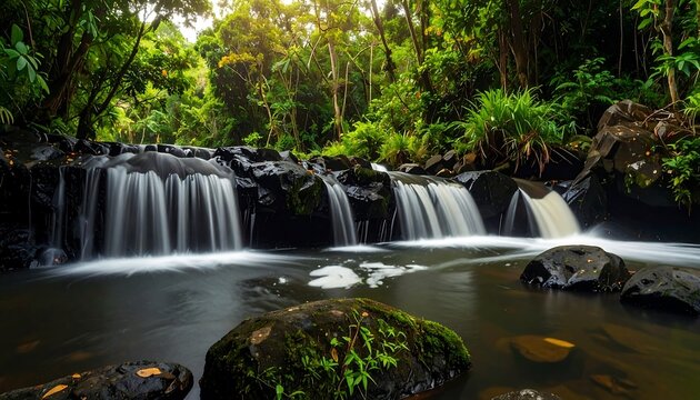 Lush waterfall cascading over dark rocks in a verdant jungle