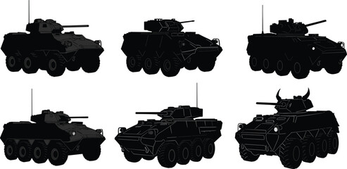 Military armored vehicle silhouettes, combat transport illustration, war defense artwork, modern battle machine graphic, army weapon design, tactical armored transportMilitary armored vehicle 