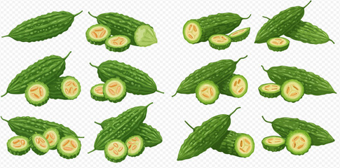 Collection of fresh green bitter gourds, whole, halved, and sliced, showcasing their unique bumpy texture and inner flesh.
