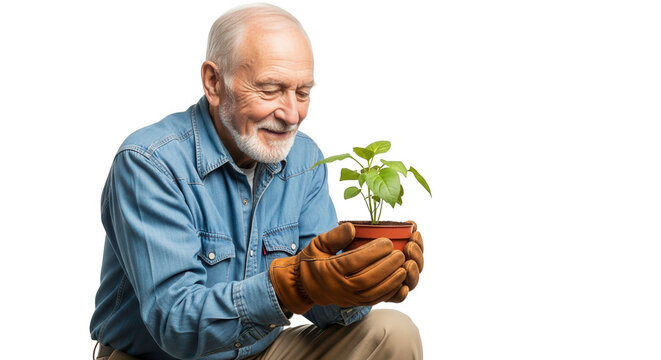 Elderly man holding a small plant, isolated on transparent background