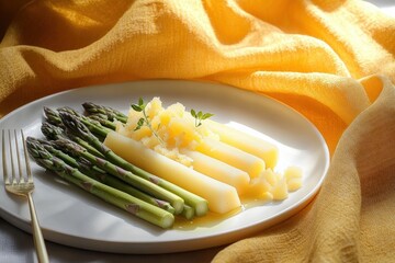 Plate with fresh green and white asparagus spears garnished with grated cheese and herbs on a white plate with a gold fork and a yellow textured cloth background