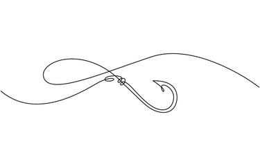 Continuous one line drawing fishing hook, single line fishing equipment, concept, minimalist pro vector illustration, on transparent background.