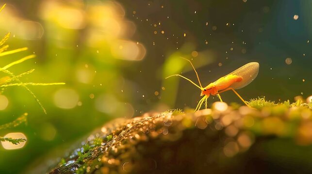 A tiny orange amphipod crustacean crawls on a mossy surface in clear water