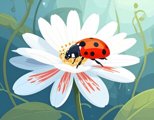 Ladybug on a white flower in a lush forest