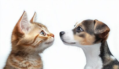 Obraz premium Close-up of a curious kitten and a small dog facing each other against a white background, displaying gentle and attentive expressions