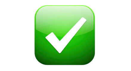 Glossy green square checkmark icon with a white tick symbol, perfect for user interfaces, web design, mobile apps, and digital marketing materials indicating completion or approval.